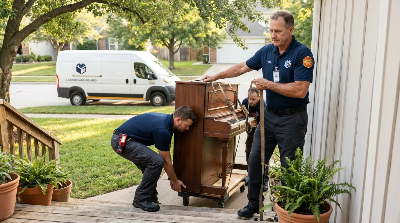 Licensed piano movers securing grand piano in North Collins, NY