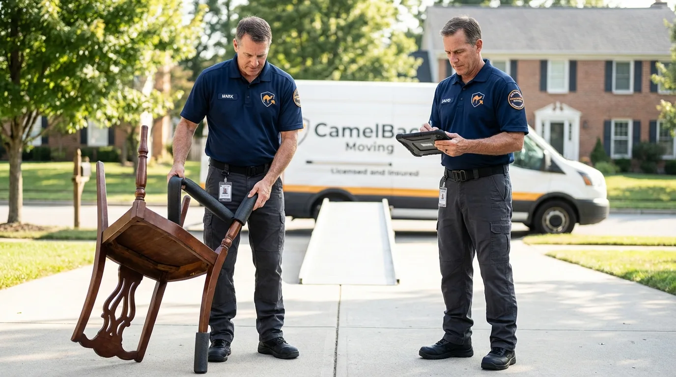 Movers inspecting furniture for damage prevention before loading in North Collins, NY