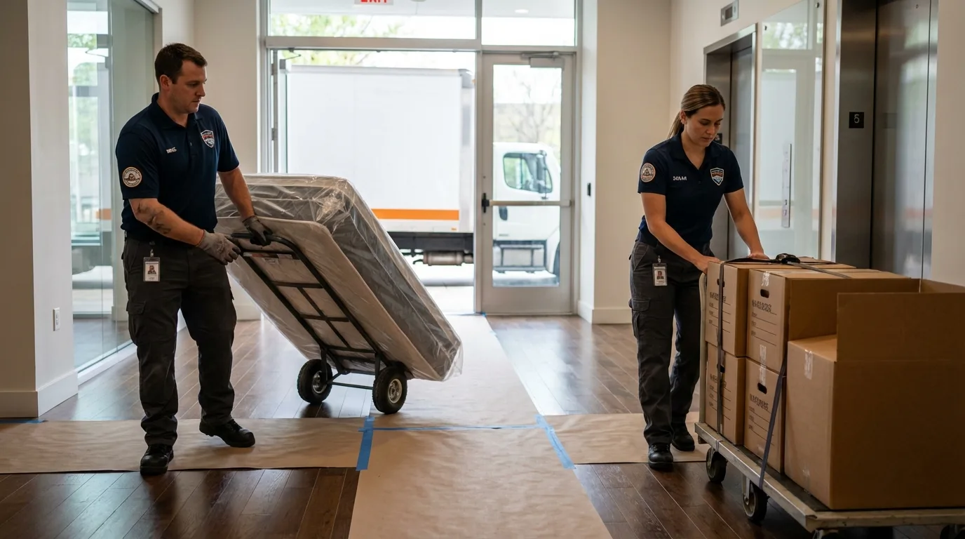 Professional apartment movers loading elevator in North Collins, NY